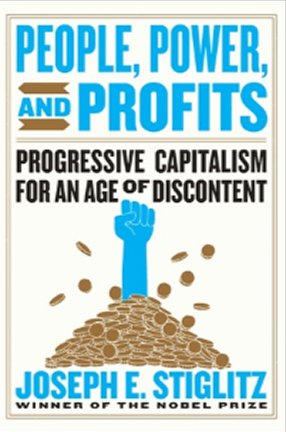A blue fist emerges from a mound of coins.  There are blue, black text across the image. 