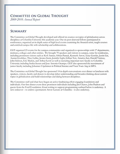 Global Thought, Columbia University, AnnualReport, 2009-2010