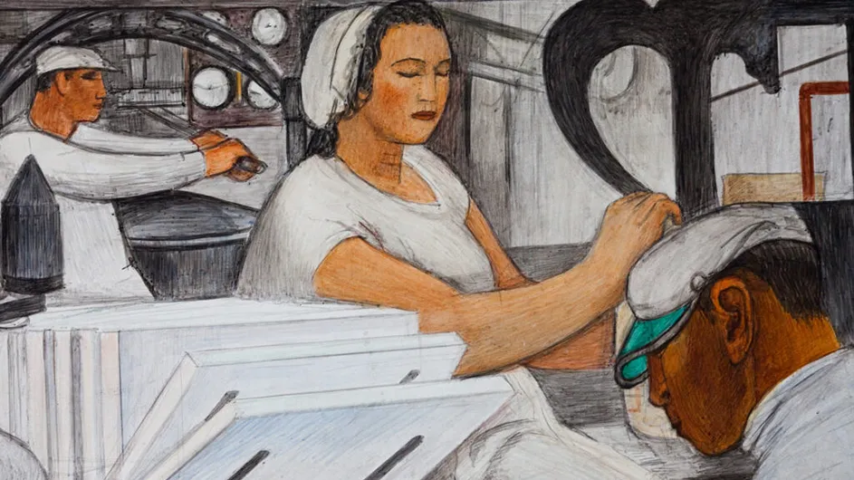 Illustration of woman and man workers sorting mail in a post office