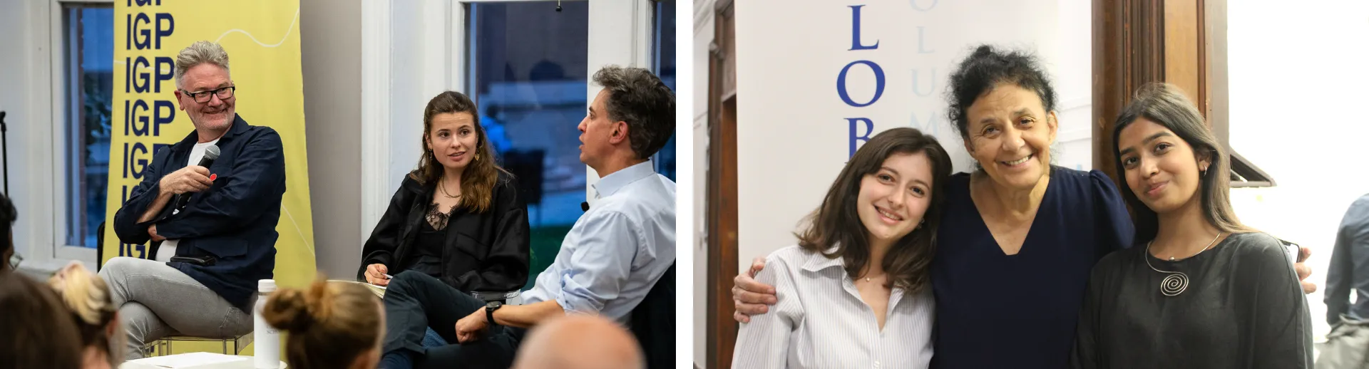 Left Image: Panel Discussion With CGT Chair Adam Tooze, Luisa Neubauer, Ed Miliband (Left to Right)Right Image: Photo of three women.