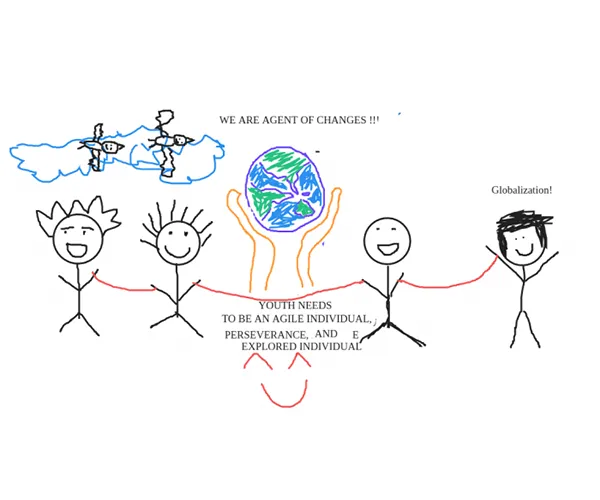 Children's illustration, titled We Are Agents of Change, of kids around the world holding hands